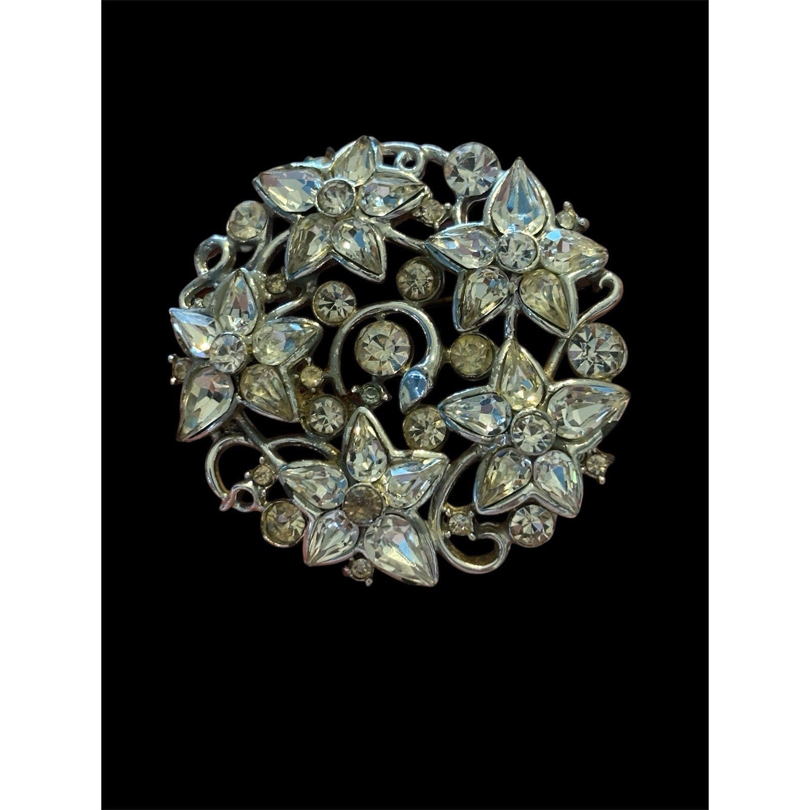 Vtg 2 Clear Rhinestone Round Floral Sparkling Brooch Mcm 1950s 25$